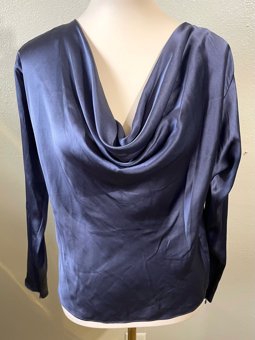 Intermix Quinn Silk Navy Cowl Neck Draped Long Sleeve Blouse Top Quiet Luxury
